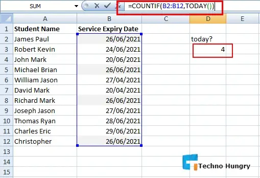 Use of COUNTIF function with date