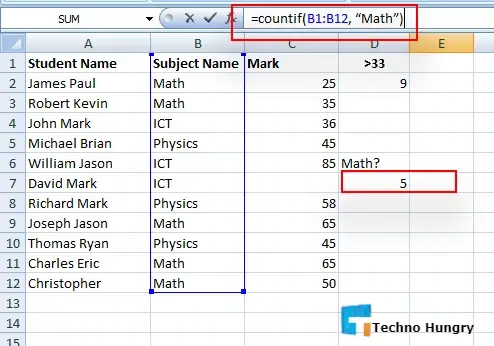 search data for math using countif function