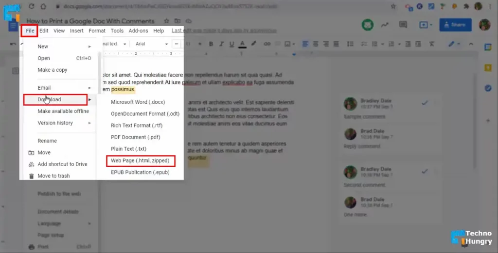 Print Google Docs with Comments from Google Web Page